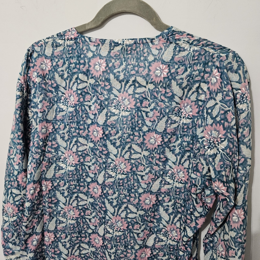 Anthropologie Cotton Silk Floral Tunic Dress Blue Pink Medium Sustainable Dainty - Picture 8 of 15